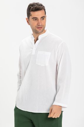 تی شرت سفید مردانه رگولار یقه قاضی پنبه (نخی) تکی بیسیک کد 92980890