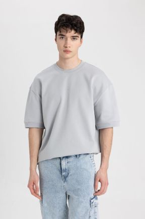 تی شرت طوسی مردانه رگولار یقه گرد پارچه ای تکی کد 815700999