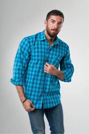 پیراهن سبز مردانه رگولار یقه پیراهنی کد 92996044