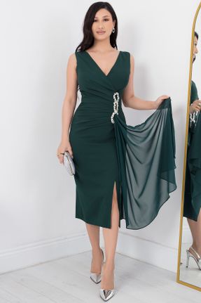 لباس مجلسی سبز زنانه کرپ بدون آستین رگولار یقه دوبل آستر دار کد 815584388