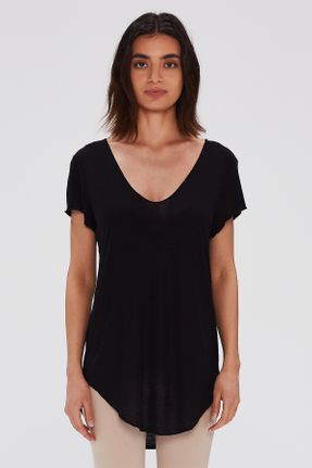 تی شرت مشکی زنانه رگولار یقه هفت ویسکون تکی طراحی کد 742783614