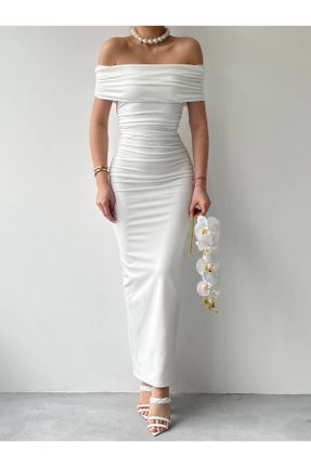 لباس سفید زنانه بافتنی الاستن آستین افتاده اسلیم فیت آستین-بلند کد 815700261