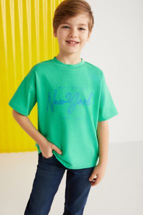 تی شرت سبز بچه گانه ریلکس یقه گرد تکی بیسیک کد 807520366