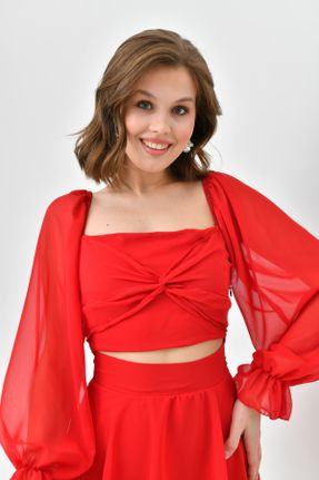 لباس قرمز زنانه بافتنی شیفون گلوژ آستین-بلند کد 815952064