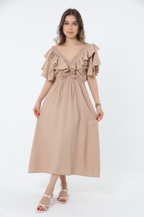 لباس بژ زنانه بافتنی پلی استر رگولار آستین-کوتاه بیسیک کد 816077797