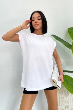 تی شرت سفید زنانه ریلکس یقه گرد پنبه (نخی) تکی کد 815743571