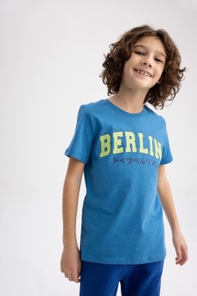 تی شرت آبی بچه گانه رگولار یقه گرد پنبه (نخی) تکی کد 693272883