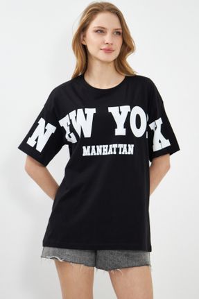 تی شرت مشکی زنانه رگولار یقه گرد تکی کد 815841824