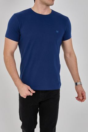 تی شرت آبی مردانه ریلکس یقه گرد تکی کد 816133113