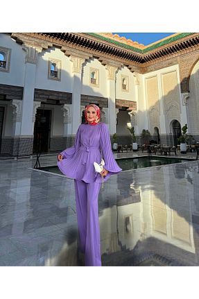 ست بالاتنه و پائین تنه بنفش زنانه بافتنی süslü - کد 816270417