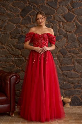 لباس مجلسی قرمز زنانه تور آستین افتاده رگولار استراپلز آستر دار کد 792327723