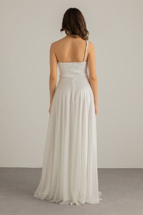 لباس مجلسی سفید زنانه آستین استاندارد رگولار یقه هفت آستر دار کد 816548129