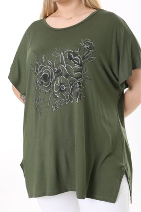 تی شرت سبز زنانه اورسایز ویسکون یقه گرد تکی کد 816882643