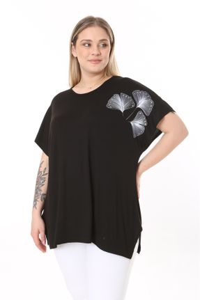 تی شرت مشکی زنانه یقه گرد ویسکون اورسایز 1 - 19 کد 816881081