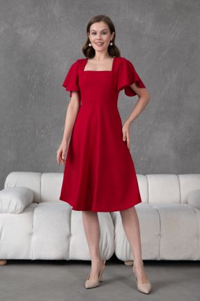 لباس مجلسی قرمز زنانه کرپ آستین استاندارد رگولار یقه مربع بدون آستر کد 636508704