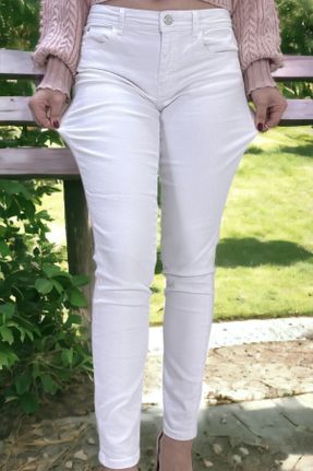 شلوار سفید زنانه جین پاچه تنگ فاق بلند فاق بلند کد 817011808
