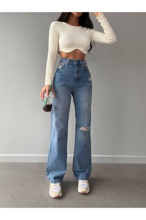 شلوار جین آبی زنانه پاچه راحت فاق بلند کد 817043359