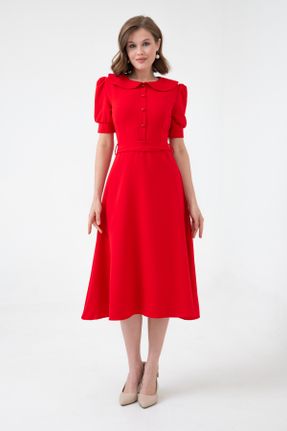 لباس قرمز زنانه بافتنی پنبه - پلی استر گلوژ آستین-کوتاه کد 817128168
