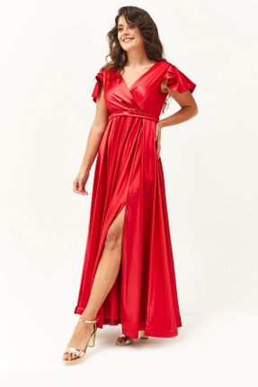 لباس مجلسی سایز بزرگ قرمز زنانه یقه دوبل ساتن سایز بزرگ آستین کوتاه کد 801363915