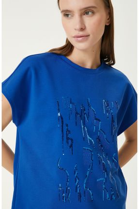 تی شرت سرمه ای زنانه یقه گرد پنبه - پلی استر - الاستن ریلکس کد 817298255