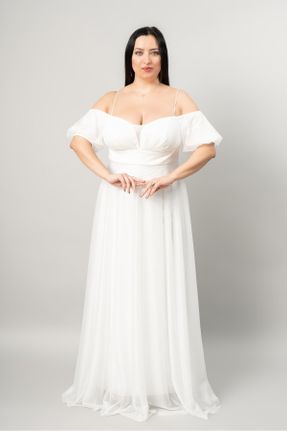 لباس مجلسی سایز بزرگ سفید زنانه یقه قلب A-line کد 817534892