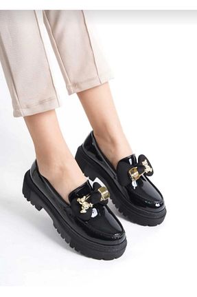 کفش لوفر مشکی زنانه چرم لاکی LARİNA SHOES - کد 817471567