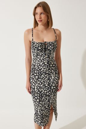 لباس مشکی زنانه بافتنی مخلوط پلی استر طرح گلدار Fitted بند دار کد 311746234