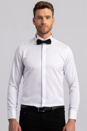 پیراهن سفید مردانه یقه پیراهنی اسلیم فیت پنبه - پلی استر کد 3072590
