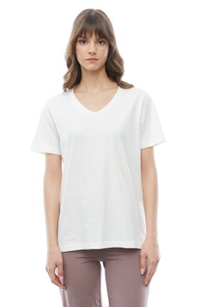 تی شرت سفید زنانه اورسایز یقه هفت تکی طراحی کد 817960307