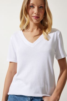 تی شرت سفید زنانه رگولار یقه گرد پنبه (نخی) تکی بیسیک کد 817265979