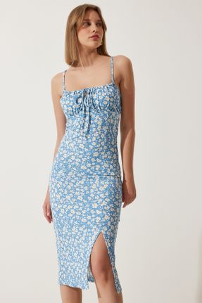 لباس آبی زنانه بافتنی مخلوط پلی استر طرح گلدار Fitted بند دار کد 698366449