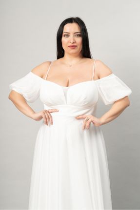 لباس مجلسی سایز بزرگ سفید زنانه یقه قلب A-line کد 817534892