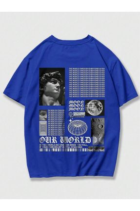 تی شرت آبی زنانه اورسایز یقه گرد پنبه (نخی) تکی جوان کد 817837493