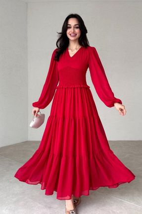 لباس مجلسی قرمز زنانه شیفون آستین استاندارد رگولار یقه هفت آستر دار کد 817870917