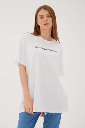 تی شرت سفید زنانه رگولار یقه گرد تکی کد 665862217
