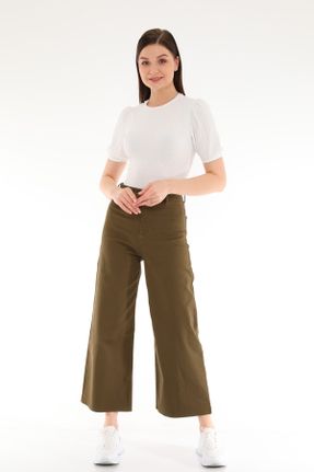 شلوار جین خاکی زنانه پاچه گشاد سوپر فاق بلند جین کد 104830641