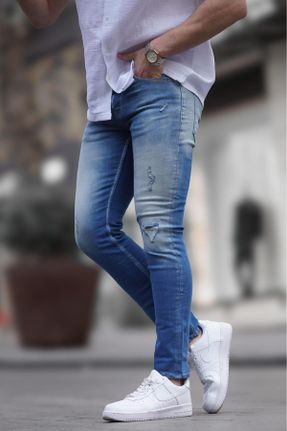 شلوار جین آبی مردانه پاچه تنگ اورسایز کد 812619735