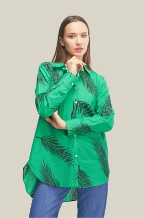 پیراهن سبز زنانه رگولار یقه پیراهنی پنبه (نخی) کد 818374476