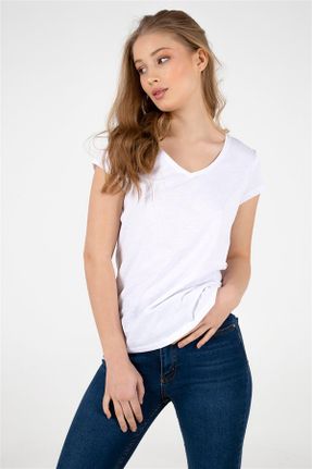 تی شرت سفید زنانه رگولار یقه هفت کد 665866276