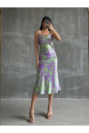 لباس بنفش زنانه بافتنی ساتن رگولار بند دار بیسیک کد 818145248