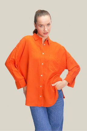 پیراهن نارنجی زنانه رگولار یقه پیراهنی کتان کد 818404796