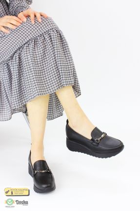 کفش لوفر مشکی زنانه چرم طبیعی پاشنه کوتاه ( 4 - 1 cm ) کد 818584028