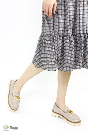 کفش لوفر طوسی زنانه چرم طبیعی پاشنه کوتاه ( 4 - 1 cm ) کد 818583514