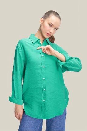 پیراهن سبز زنانه رگولار یقه پیراهنی پنبه (نخی) کد 818543839