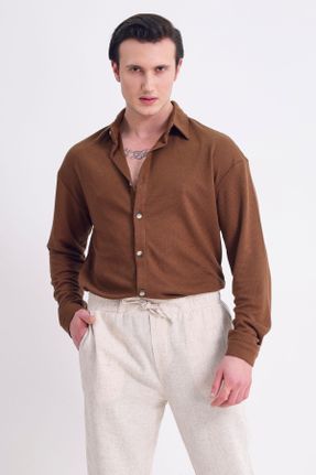 پیراهن قهوه ای مردانه سایز بزرگ یقه پیراهنی پنبه - پلی استر کد 818675363
