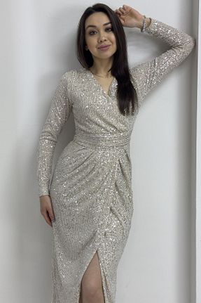 لباس مجلسی سایز بزرگ بژ زنانه دو سینه zks grup tekstil - کد 818924267