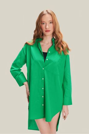 پیراهن سبز زنانه رگولار یقه پیراهنی پنبه (نخی) کد 819054151