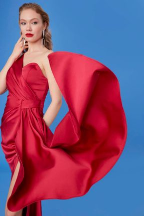 لباس مجلسی قرمز زنانه ساتن آستین استاندارد رگولار یقه هفت بدون آستر کد 654523977