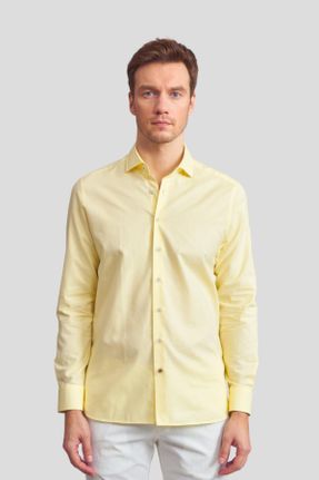 پیراهن زرد مردانه یقه نیمه ایتالیایی مخلوط کتان کد 819298899
