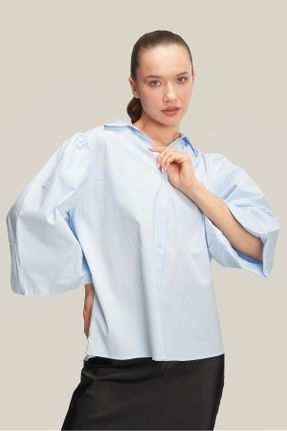پیراهن آبی زنانه رگولار یقه پیراهنی پنبه (نخی) کد 819086370